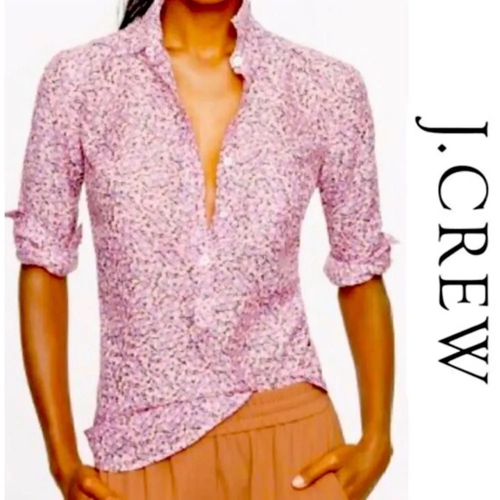 J.Crew pink ditsy floral popover blouse cotton voile pink purple white Size 0
